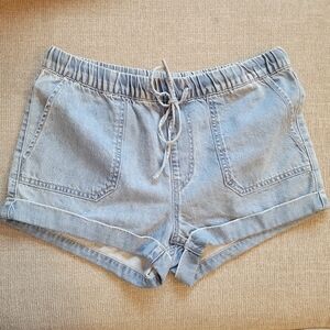 Volcom Blue Jean Shorts with Elastic Waist and Cuffed Hem